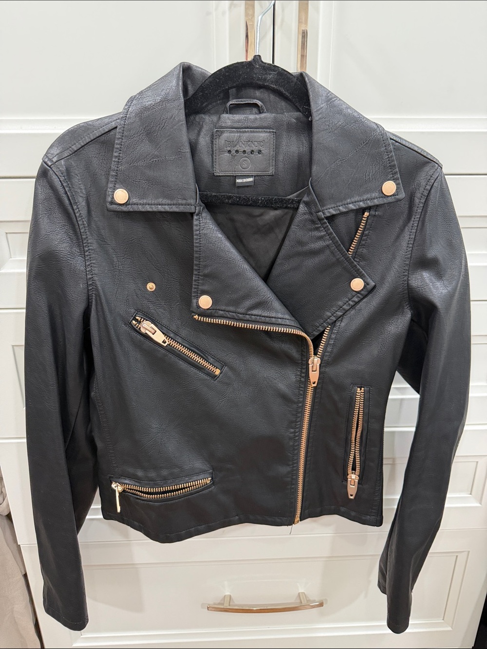 BlankNYC Black Faux Leather Moto Jacket with Rose Gold Hardware